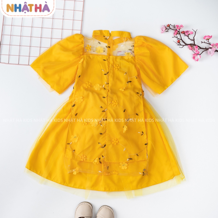 Áo dài cách tân cho bé gái HOA chất liệu lụa tơ óng mềm mại đính hoa thêu tay bồng siêu xinh size đại từ 11-45kg