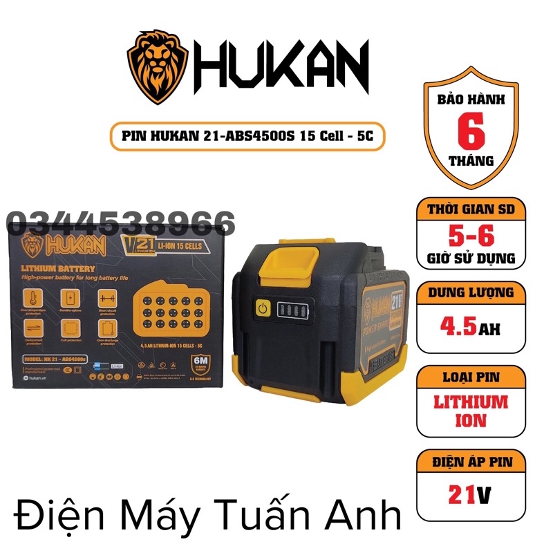 Pin HUKAN ABS4500S 15 Cell 21V Dung Lượng 4.5Ah Mạch 3 Mofest Chân Pin Phổ Thông
