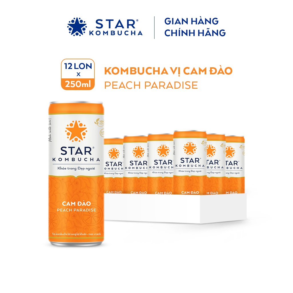 Thùng 12 lon STAR KOMBUCHA Cam Đào / Peach Paradise (250ml/lon)- Trà lên men vi sinh chứa probiotics bảo vệ sức khoẻ