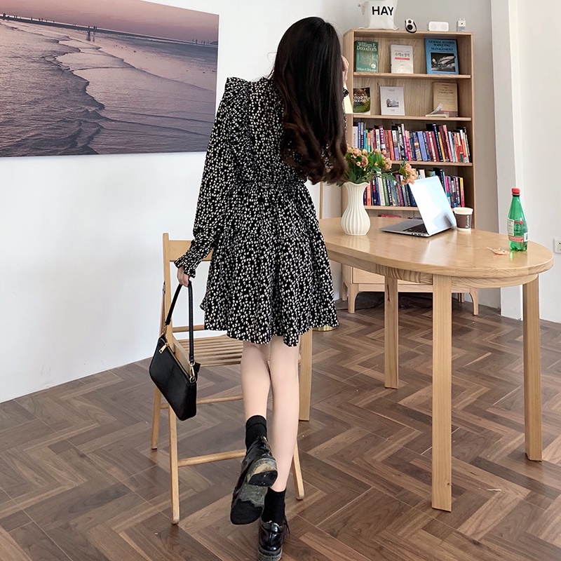 ZHELIHANGFEI Đầm hoa Pháp cổ điển tay áo cạp cao gợi cảm váy đa năng