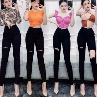 Quần skinny jeans đen trơn và rách gối- hình thật shop chụp