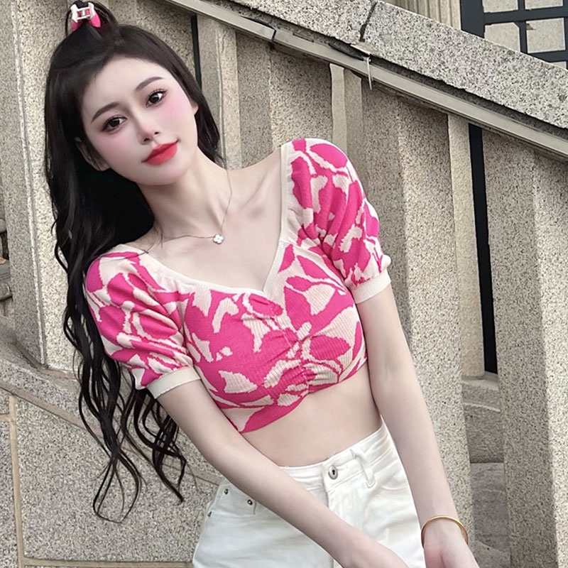 Áo Dệt Kim Tay Phồng Ngắn Cổ Chữ V Dáng Ôm Thời Trang Hàn Quốc Cho Nữ