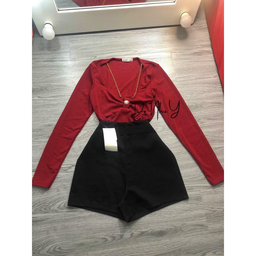 Áo Kiểu Nhún Ngực Dây Xích Tay Dài