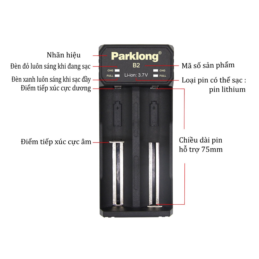 Bộ sạc Parklong B2,pin sạc 18650 pin 3.7V 2200mAh,2600mAh,3000mAh,3400mAh,sạcA1,A2,A4, Pin chính hãng