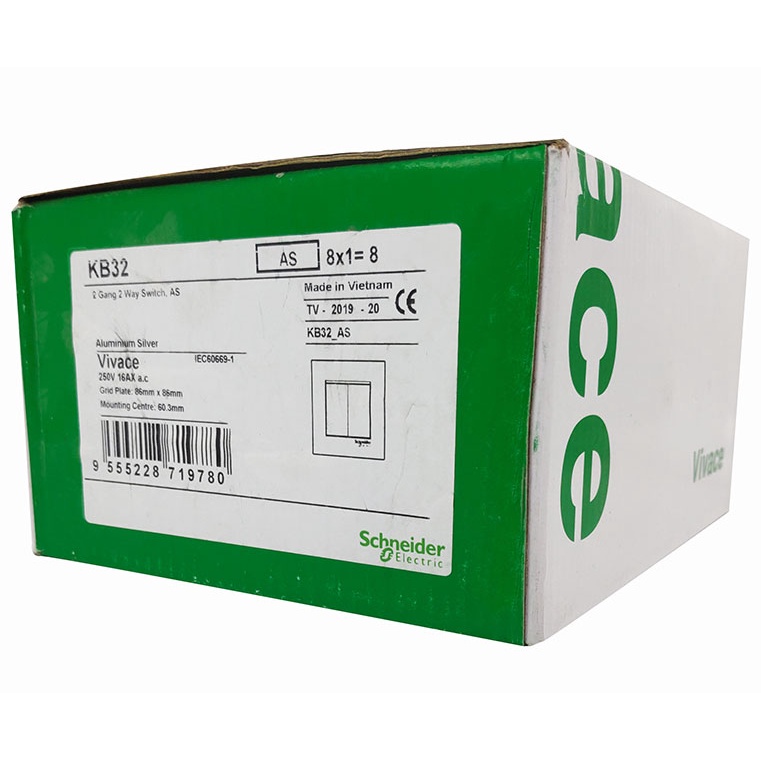 Bộ công tắc đôi KB32_1_AS_G19 Schneider - 250VAC - 2 gang - Xám bạc -  1 chiều - 16AX