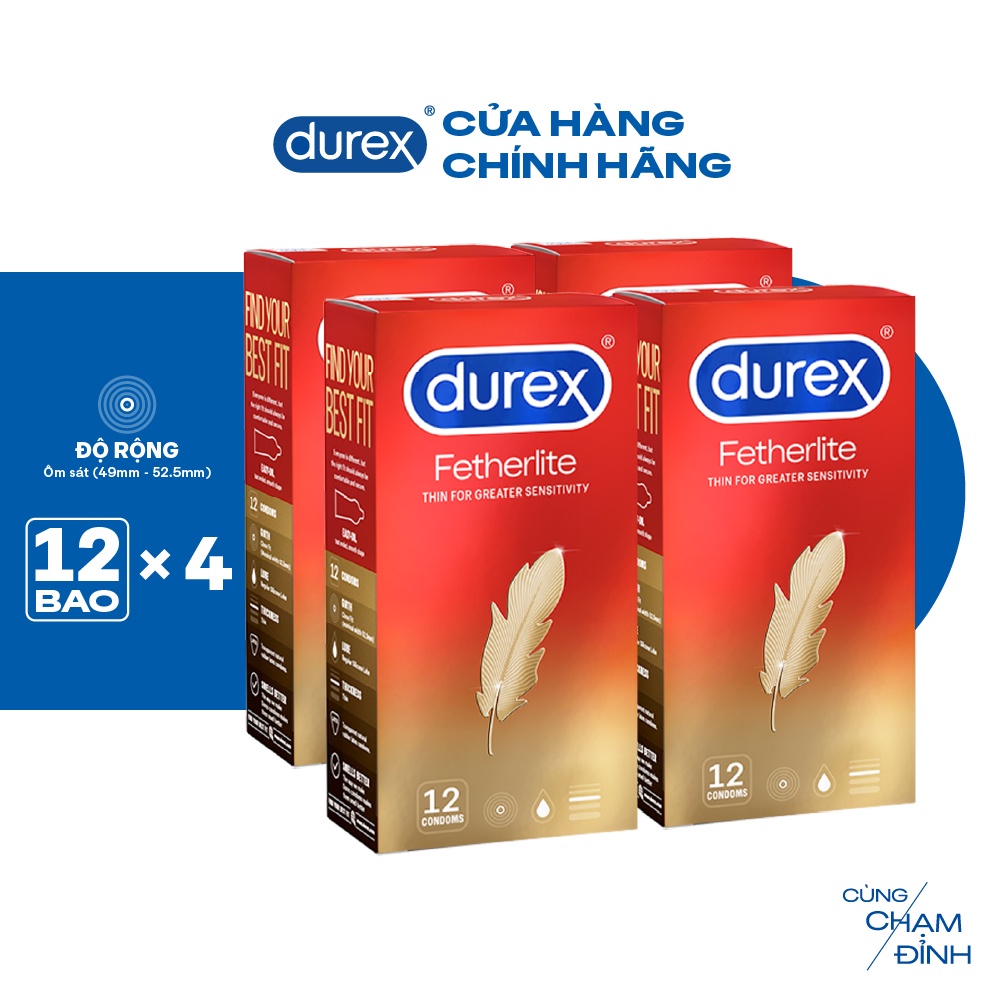 Bộ 4 hộp bao cao su Durex Fetherlite siêu mỏng, bôi trơn, size 52.5mm, 12 bao/hộp