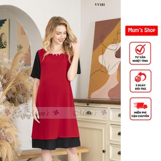 ĐẦM BẦU 🚛 FREESHIP 🚛 Váy voan đỏ pha đen xẻ tà cách tân cổ tròn đính hạt