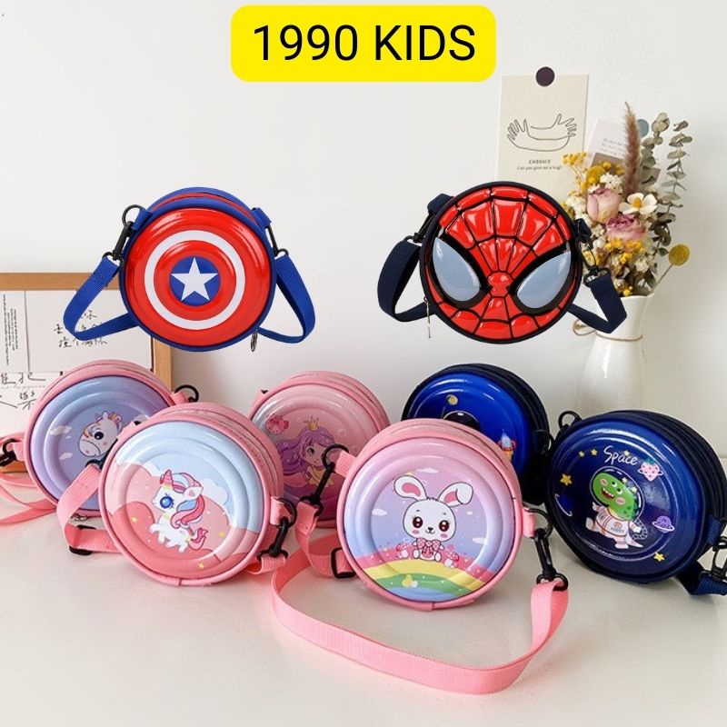 Túi đeo chéo dễ thương cho bé trai, bé gái, mẫu túi hình tròn hoạ tiết thỏ, công chúa, người nhện, ngựa pony 1990 KIDS