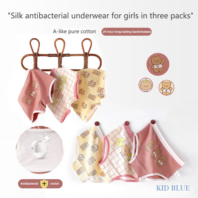 Quần Lót Lụa Sọc Ca Rô Kháng Khuẩn Kiểu Hoạt Hình Gấu Đáng Yêu Cho Bé Gái