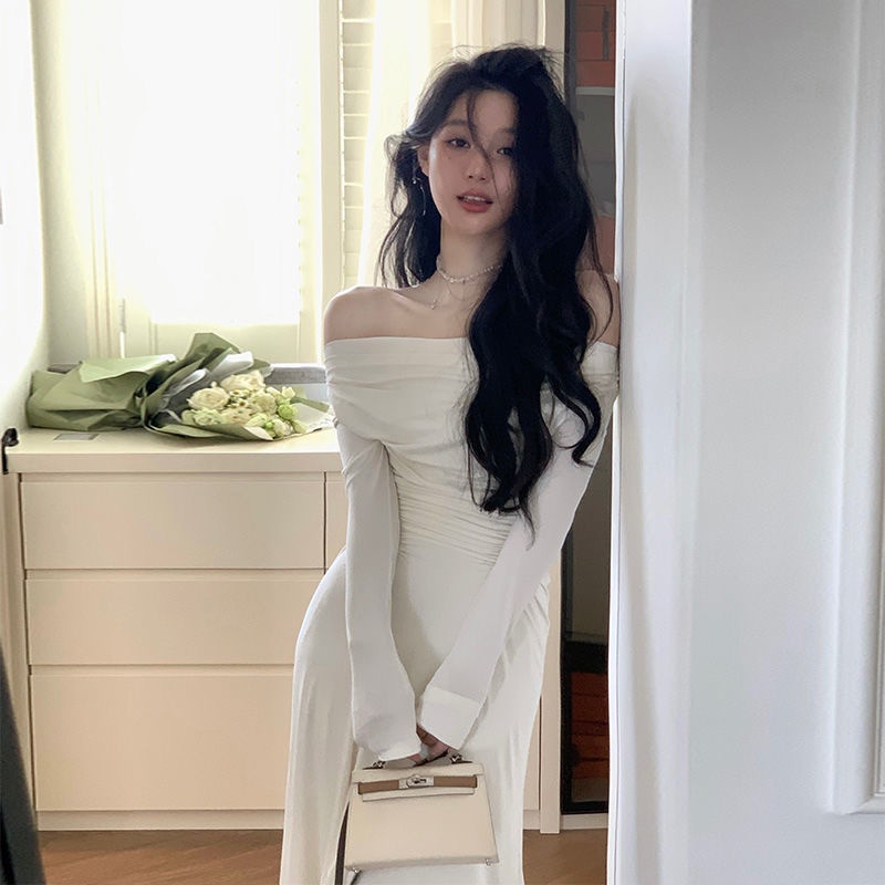 One Đầm Dệt Kim Tay Dài Cổ Xòe Xếp Ly Dáng Ôm Thời Trang Mùa Thu Thanh Lịch Cho Nữ