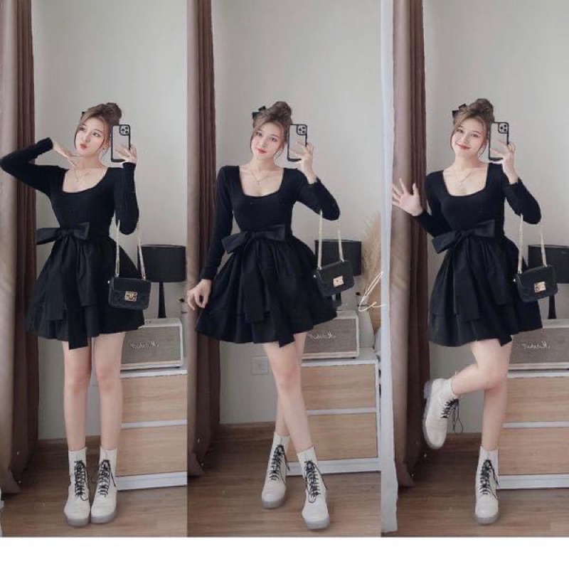 Set len tăm tay dài mix đuôi váy tầng buộc nơ tôn eo siêu hách dáng