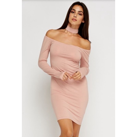 Đầm body bẹt vai choker f21 VNXK đầm ôm tay dài cutout forever 21 off shoulder màu be nu xuất khẩu dư xịn