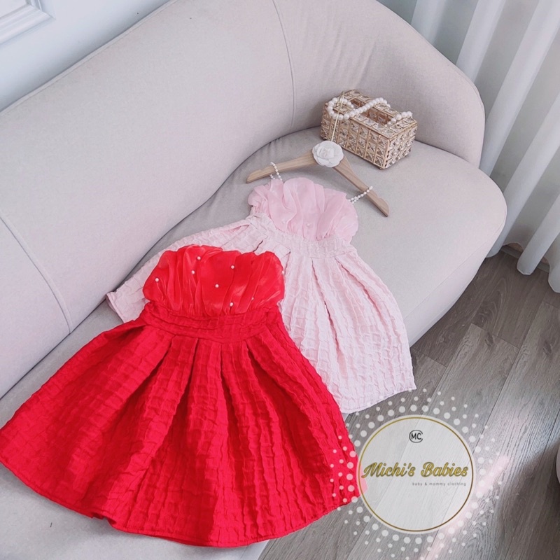 Váy tiểu thư sang chảnh 2 dây đính ngọc phối bèo xoè xinh cho bé (G2)