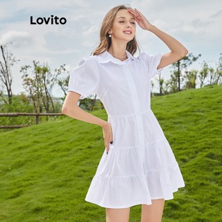 Lovito Váy sơ mi trơn dễ thương có cổ viền nút phía trước Xéo viền L24AD139 (Trắng)