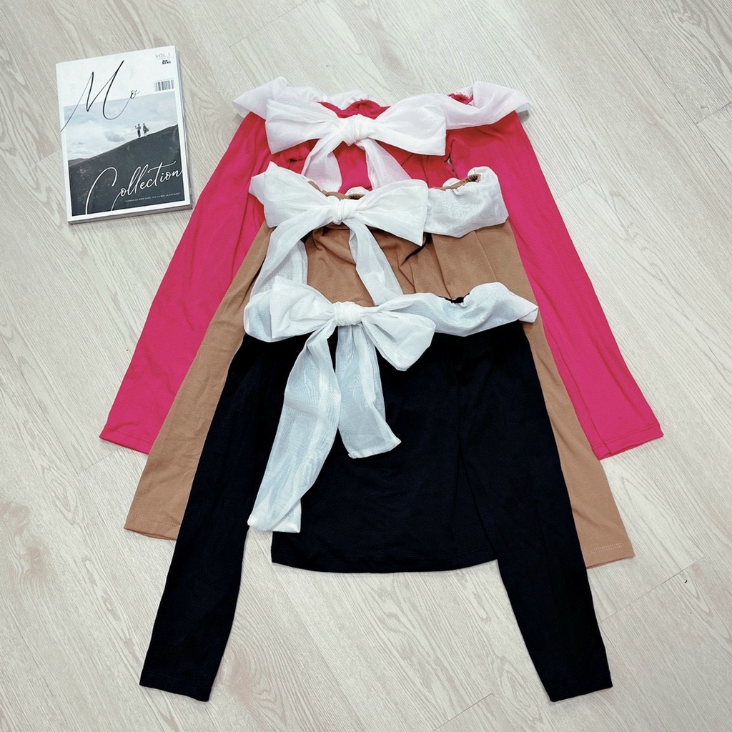 Áo kiểu bẹt vai viền voan nơ ngực tay dài cực hot , chất thun bozip dày dặn mềm mát