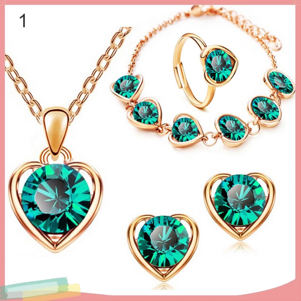 Bộ Trang Sức 4 Món Mặt Trái Tim Đính Đá Thời Trang Dành Cho Nữ