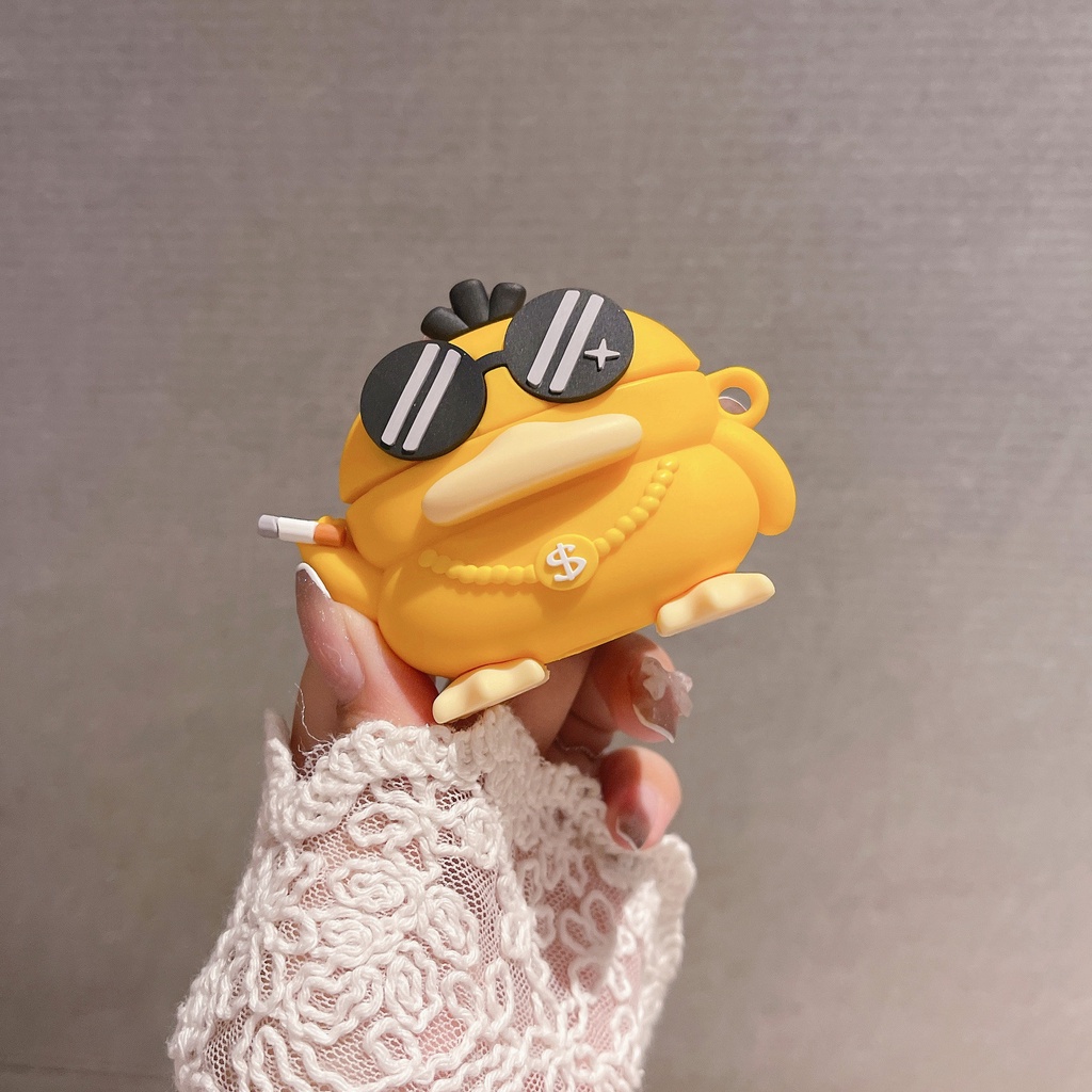 Ôp airpods 3, vỏ bọc airpods 12 Pro vịt siêu nhân đeo kính đen - Tặng kèm móc sẳt