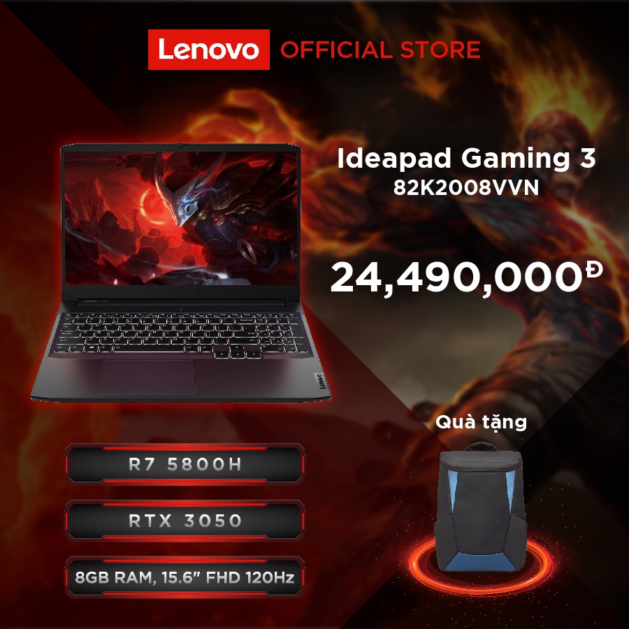 Laptop Lenovo IdeaPad Gaming 3 82K2008VVN Ryzen 7-5800H | 8GB | 512GB | RTX 3050 4GB