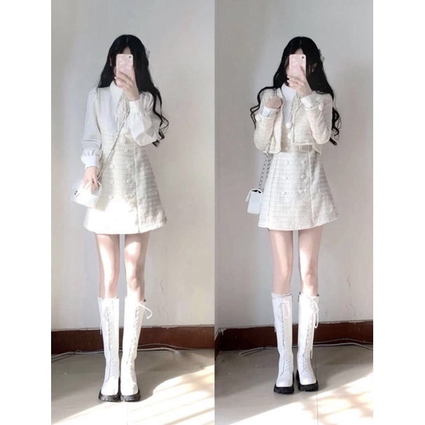 Áo khoác dạ tweed dáng croptop và váy giả hai mảnh tiểu thư dễ thương nhẹ nhàng nữ tính phong cách hàn quốc đi chơi