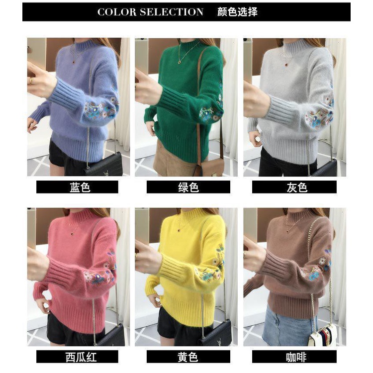 Áo Sweater Dệt Kim Cổ Lọ Thêu Hoa Thời Trang Thu Đông Cho Nữ