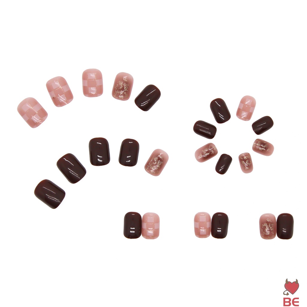 YADORNOS Set 24 móng tay giả YADORNOS dáng ngắn tông màu hồng họa tiết kẻ sọc ca rô ngọt ngào tháo rời được có keo thạch