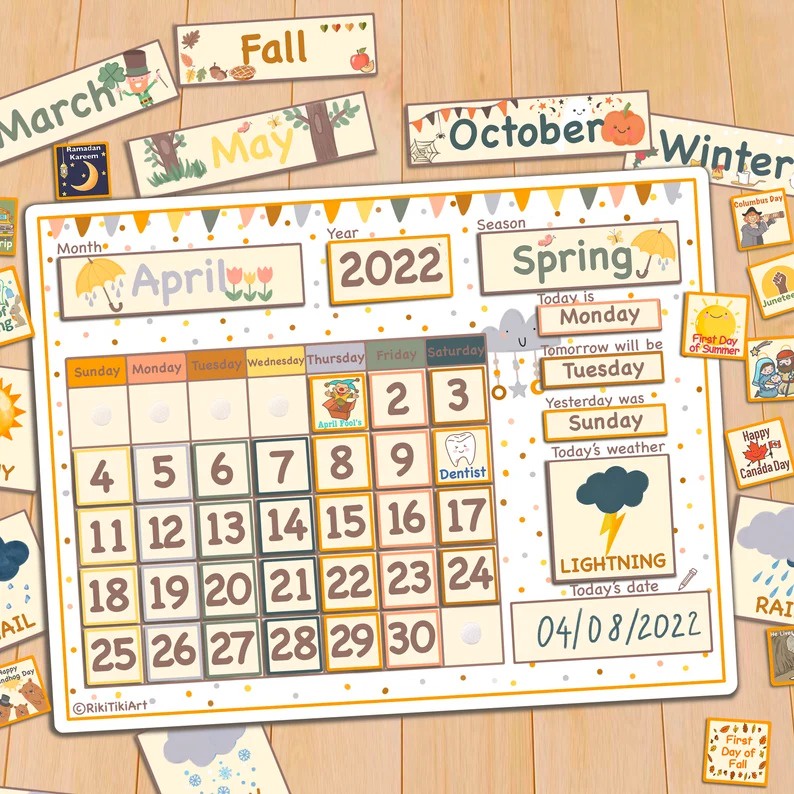 HỌC LIỆU bóc dán Montessori ngày tháng năm thời tiết mùa cho bé - Kids Calendar