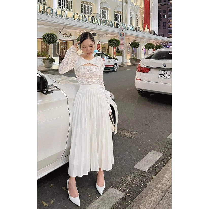 SET ÁO REN KHOÉT NGỰC TAY DÀI + CHÂN VÁY DẬP LY