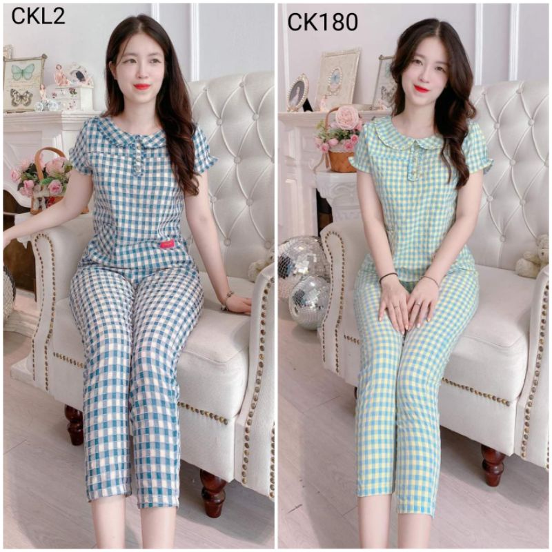 QUẦN ÁO NỮ MẶC NHÀ CHẤT LIỆU THÔ KẺ LÔNG MỀM MẪU TAY CỘC QUẦN DÀI HỌA TIẾT KẺ CARO FOM DÁNG ĐẸP