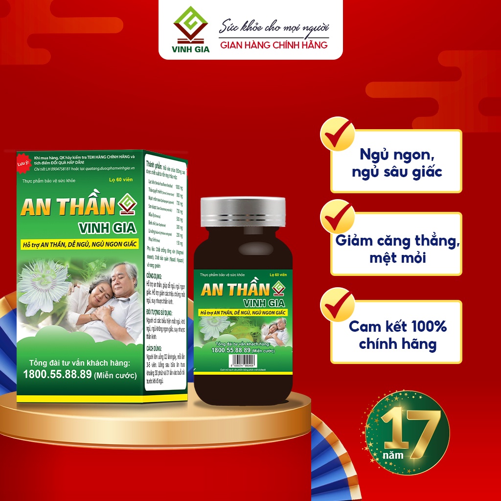 Viên Uống An Thần VINH GIA Hỗ Trợ Ngủ Ngon, Giảm Căng Thẳng Mệt Mỏi Cho Người Bị Suy Nhược Thần Kinh 60 Viên/Hộp