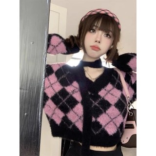 Áo len trám hồng đen cổ v choker