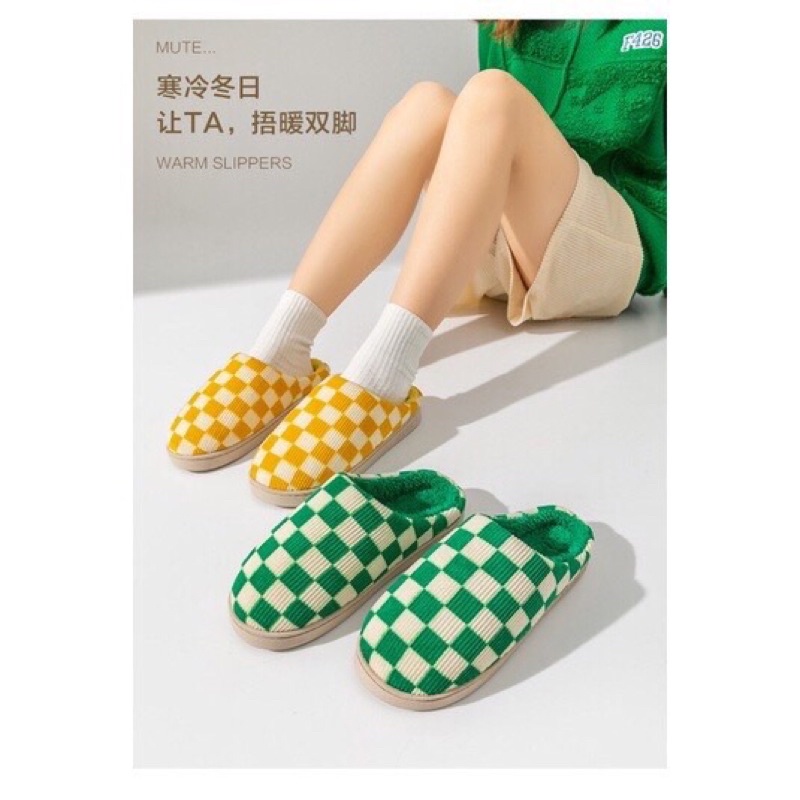 Dép sục bông nam nữ kẻ Caro siêu ấm cho mùa đông không lạnh