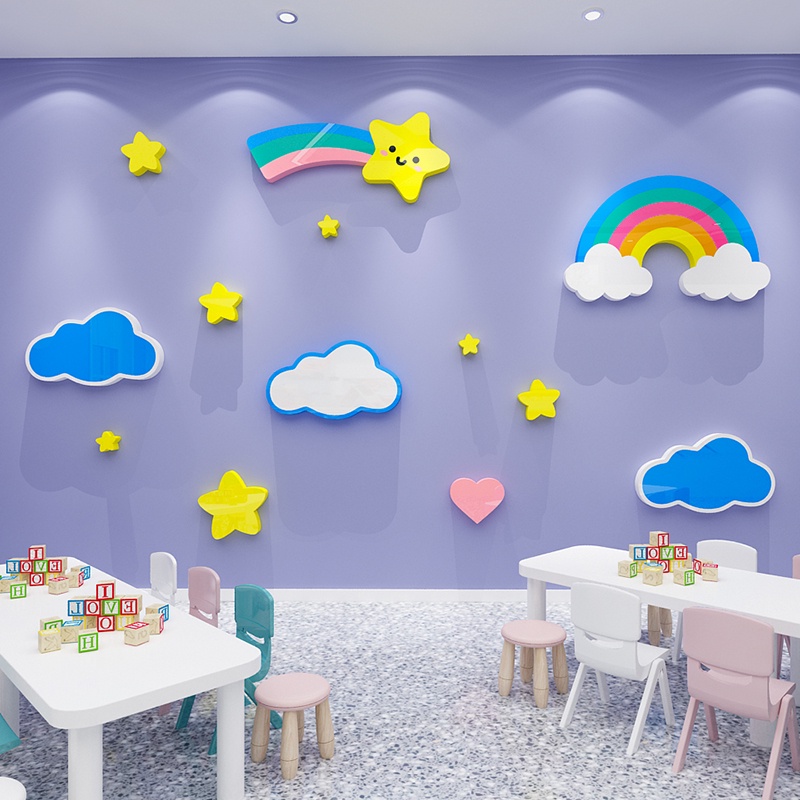 Mây trắng cầu vồng dán tường acrylic dán tường tự dính ngôi sao và hạt mưa trang trí phòng ngủ của trẻ em bố trí tường trang trí tranh mica