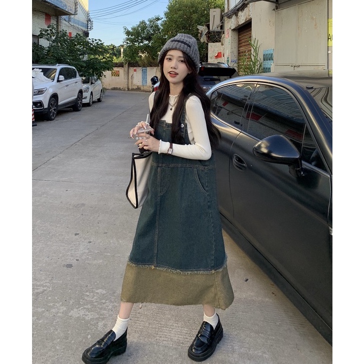 Váy Yếm Jean Dáng Dài Phối 2 Màu Tiểu Thư Mẫu Mới Mùa Đông Taobaotrend.Hn