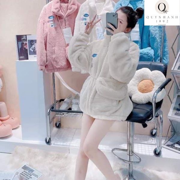 Áo khoác lông cừu, Set áo lông nữ kèm túi in logo mác xanh, Lông cừu mùa đông nữ dày dặn mẫu mới nhất 2022