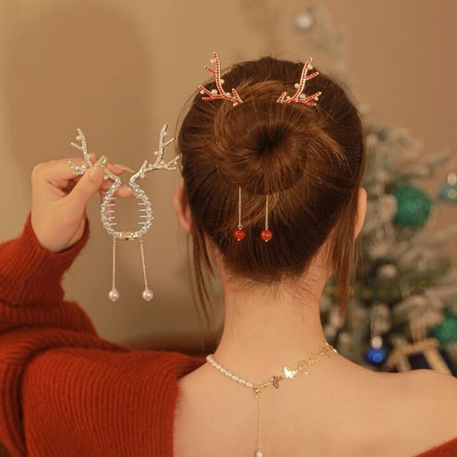 Kẹp Tóc Hình Sừng Tuần Lộc Bằng Kim Loại Đính Ngọc Trai Giả Giá Đỡ