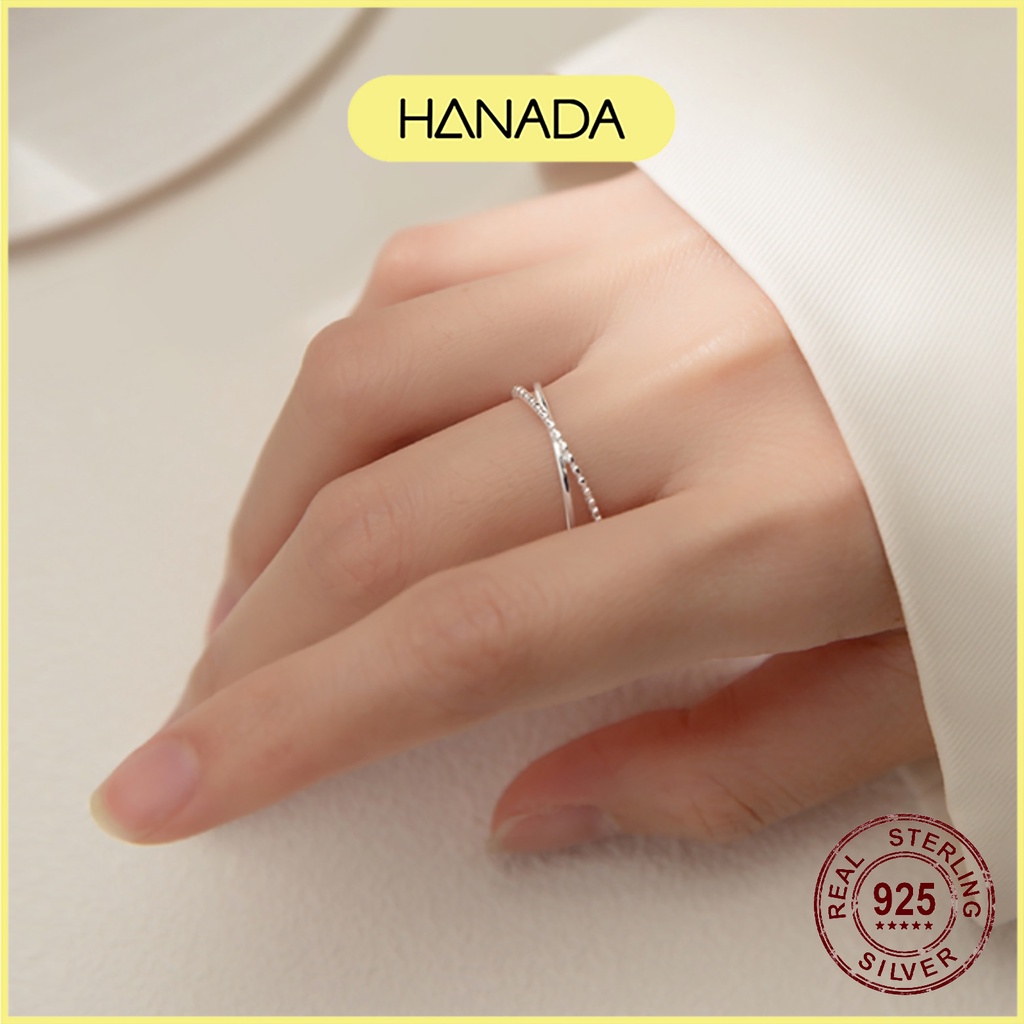 Nhẫn Bạc 925 Hanada Hai Đường Chéo Trơn Xoắn Freesize Đơn Giản Không Đá 1051 N3