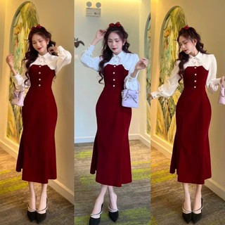 Đầm Váy Nữ Chất Vải Nhung Cứng Ôm Body Cổ Bẻ Dài Tay Màu Sắc Đỏ Phối Trắng Thiết Kế Sang Chảnh Đi Làm Công Sở D120D
