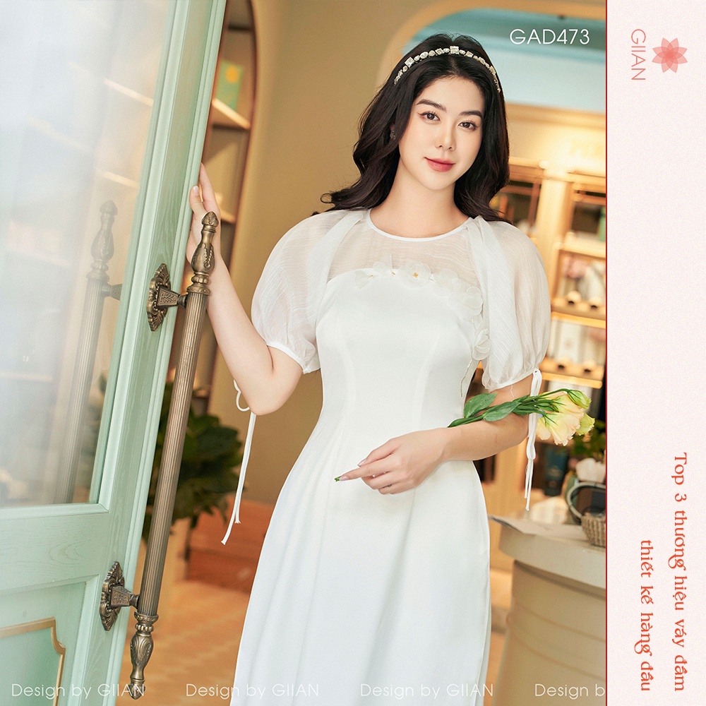 Áo dài cách tân tay bồng thiết kế, áo dài hoa phối ngực cách điệu chính hãng Giian -AD0005