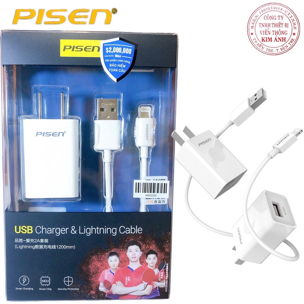 Bộ sạc nhanh Pisen USB Charger 2A, kèm cáp sạc điện thoại L (TS-C132) Trắng, Hàng chính hãng
