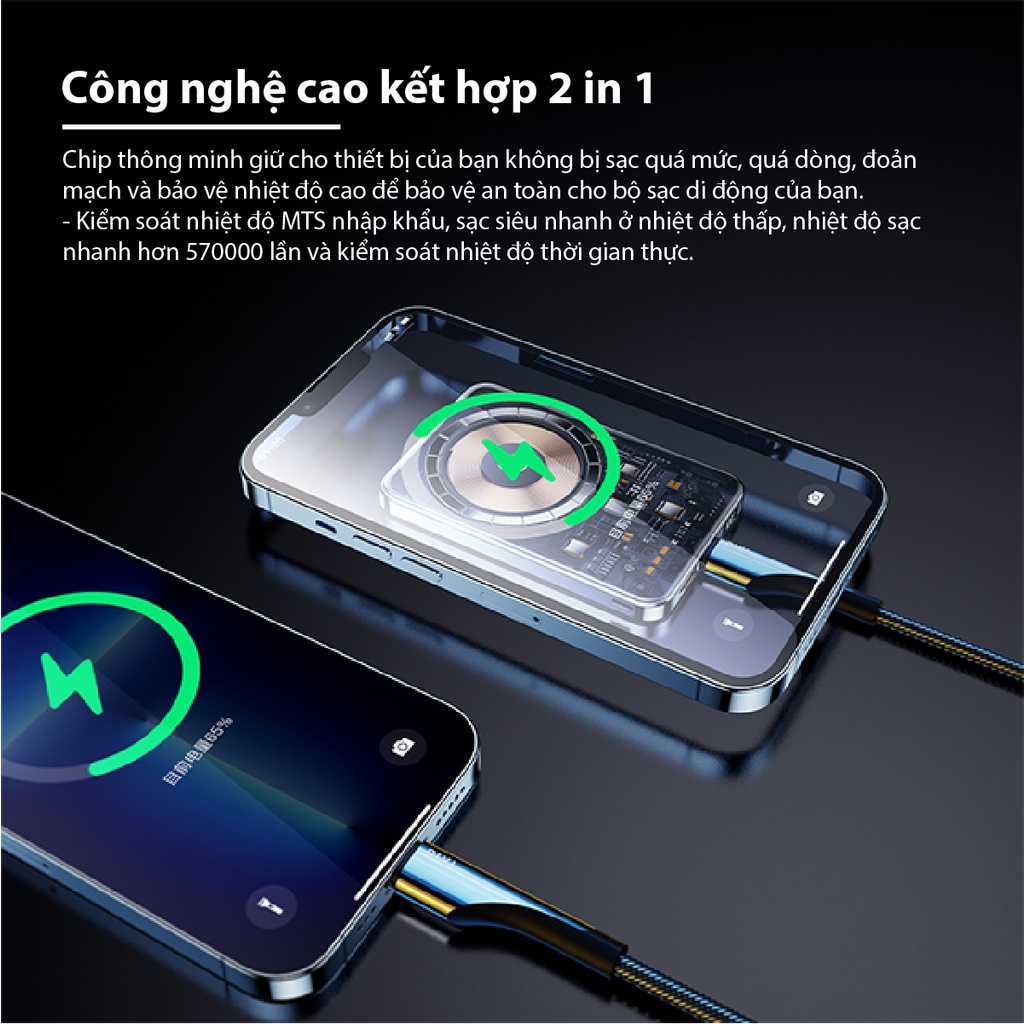 Sạc không dây 2 đầu vào, trước thuỷ tinh, lưng nhựa 10000mAh DIVI T10 - Từ tính trong suốt- Công nghệ cao kết hợp 2 in 1