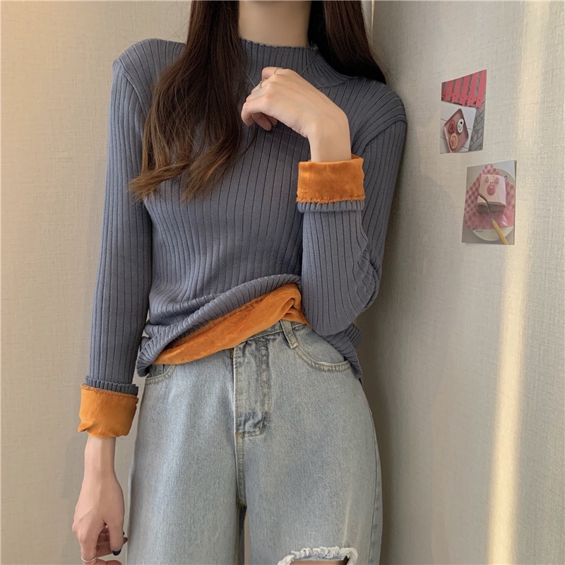 Áo Sweater Cổ Lọ Lót Lông Cừu Dày Màu Đen Phong Cách Phương Tây Thời Trang Mùa Đông Cho Nữ