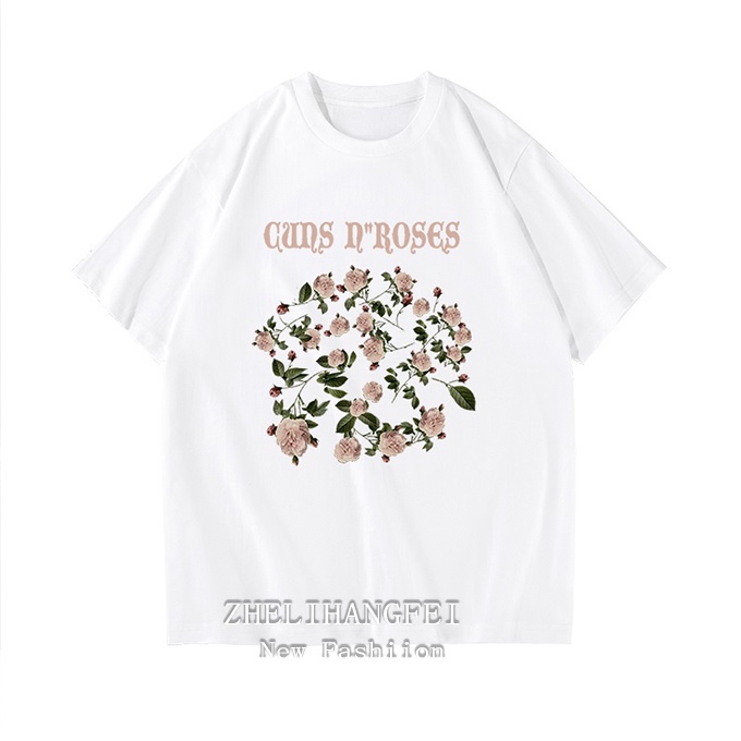 Áo thun ZHELIHANGFEI tay ngắn dáng rộng in chữ và hoa hồng dễ phối đồ