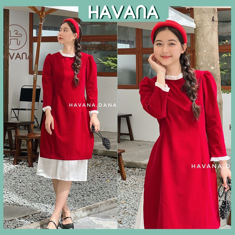 Áo dài nhung cổ tròn dáng xòe kèm chân váy trắng, set áo dài kèm chân váy