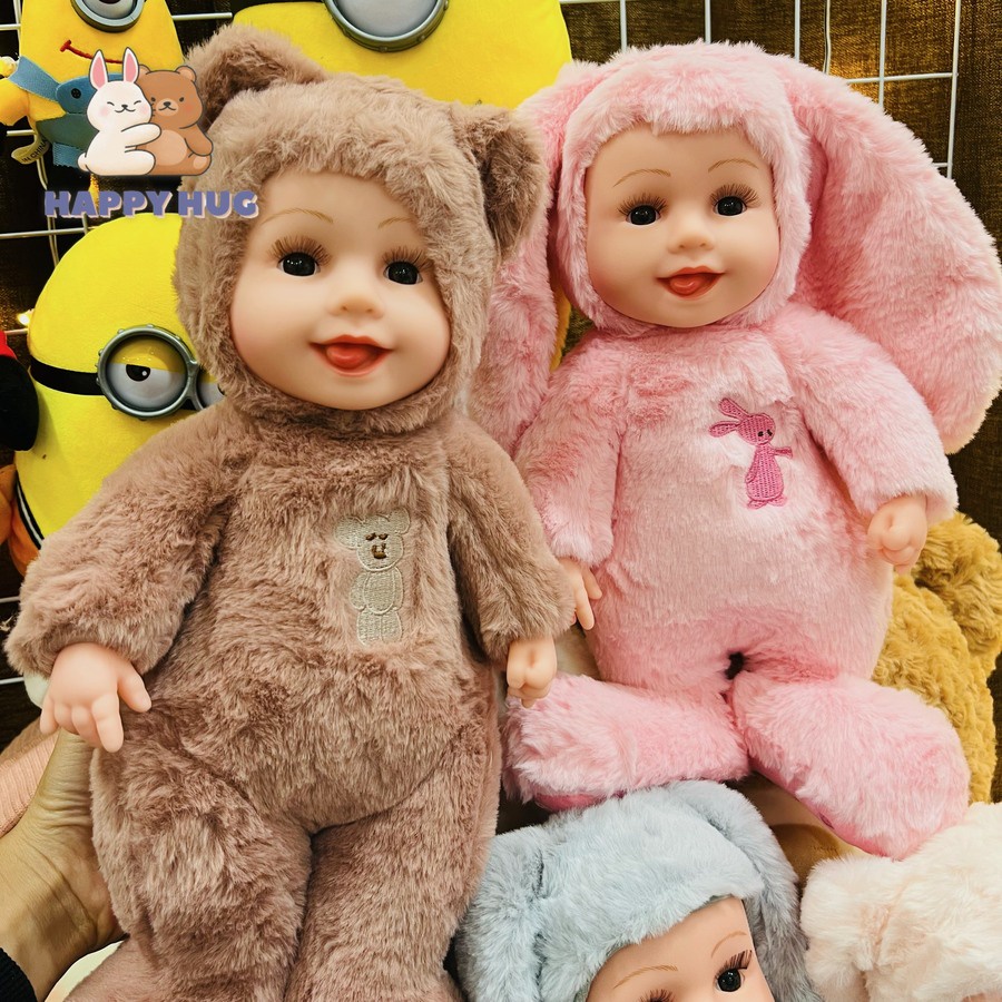 Búp bê em bé mặc áo mũ thỏ, gấu, gấu bông, đồ chơi quà tặng dành cho bé size 35cm - Happy Hug