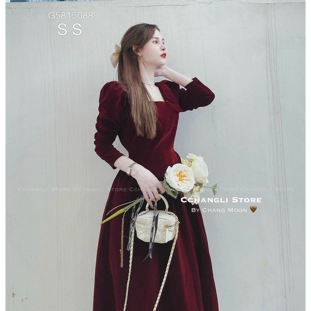 [12.12 Sales Freeship] Đầm nữ tiểu thư vintage dáng dài, đầm nhung cổ vuông tay dài ôm eo dáng xòe đi cưới sang chảnh