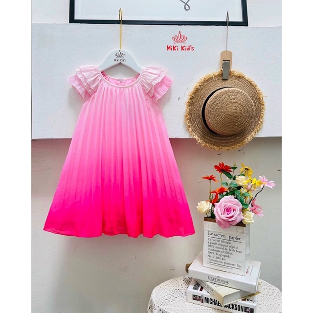 Đầm váy dập ly của MIKIKIDS chuyển màu loang phom chữ A nhập cao cấp Size 13-36kg
