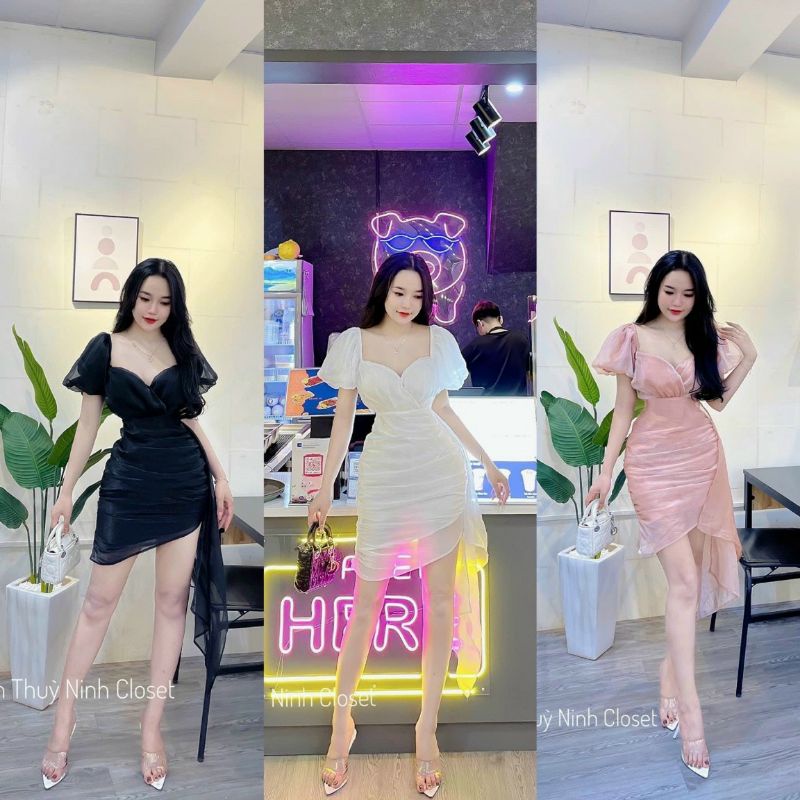 Đầm đuôi cá thời trang nữ sang chảnh đi tiệc chất voan bóng cổ vuông tay ngắn phồng đầm váy kiểu xéo dài ngang gối