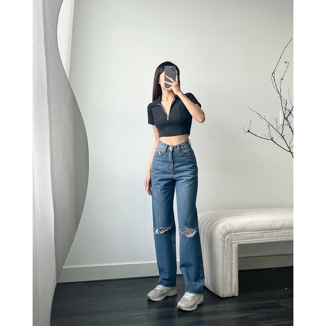 Quần jeans rách ống suông lai cắt lưng cao