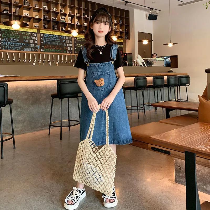 Bộ Áo Thun Dáng Rộng + Váy Yếm Denim Thời Trang Cho Bé Gái 3-5 - 8-10 - 14 Tuổi Váy dây đeo màu xanh