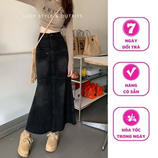 Chân váy jean dáng dài màu đen phong cách vintage lady style & outfits